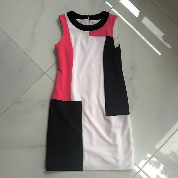 CALVIN KLEIN | Midi Dress | Size 4 | White Pink Black | Polyester Spandex Blend - Picture 3 of 14